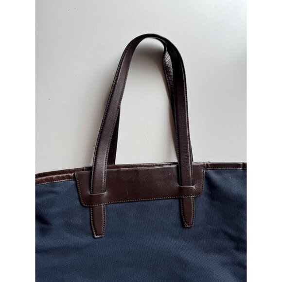BANANA REPUBLIC Navy Cotton Canvas Brown Leather Trim Tote Bag Purse - Picture 7 of 12